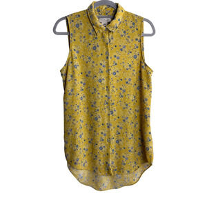 Rachel Zoe Mustard Yellow Floral Sleeveless Button Up Blouse Hi Low Hem Size M